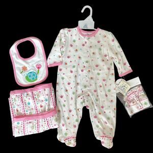 Emporio Baby Girl 4 Piece Set Footed Pajamas Swaddle Blanket Bib Pink White NOS